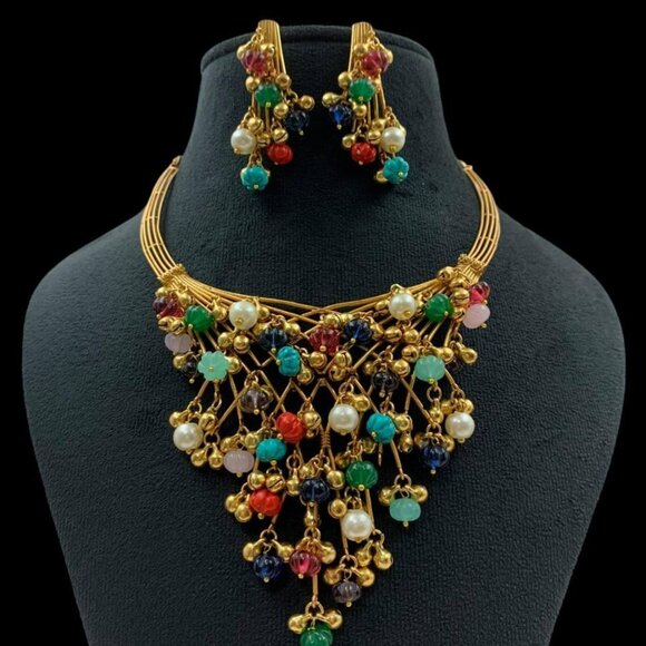 Exclusive Hand Crafted Golden Polish Multi-stone Necklace Earrings Set - Picture 2 of 2